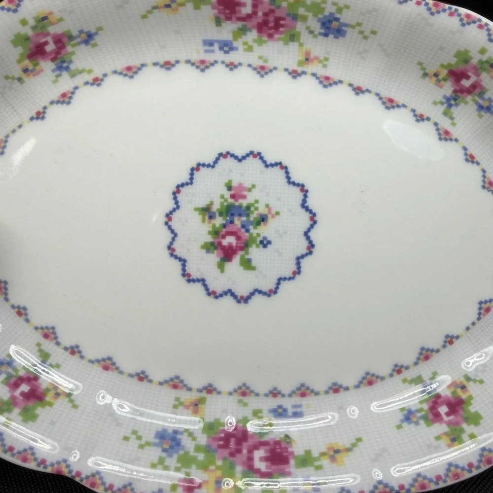 Royal Albert Petit Point China Oval Serving Platter Floral Gold Trim England 10